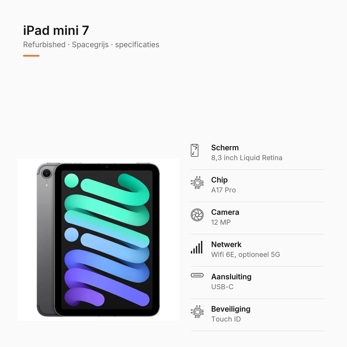 Refurbished iPad mini 7 Spacegrijs, specificaties