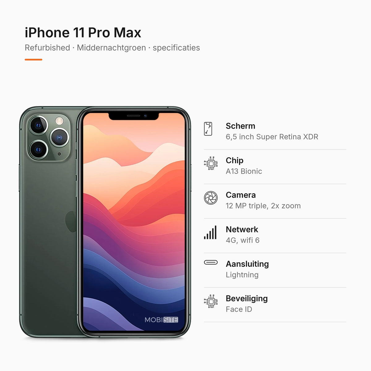 Refurbished iPhone 11 Pro Max Middernachtgroen, specificaties