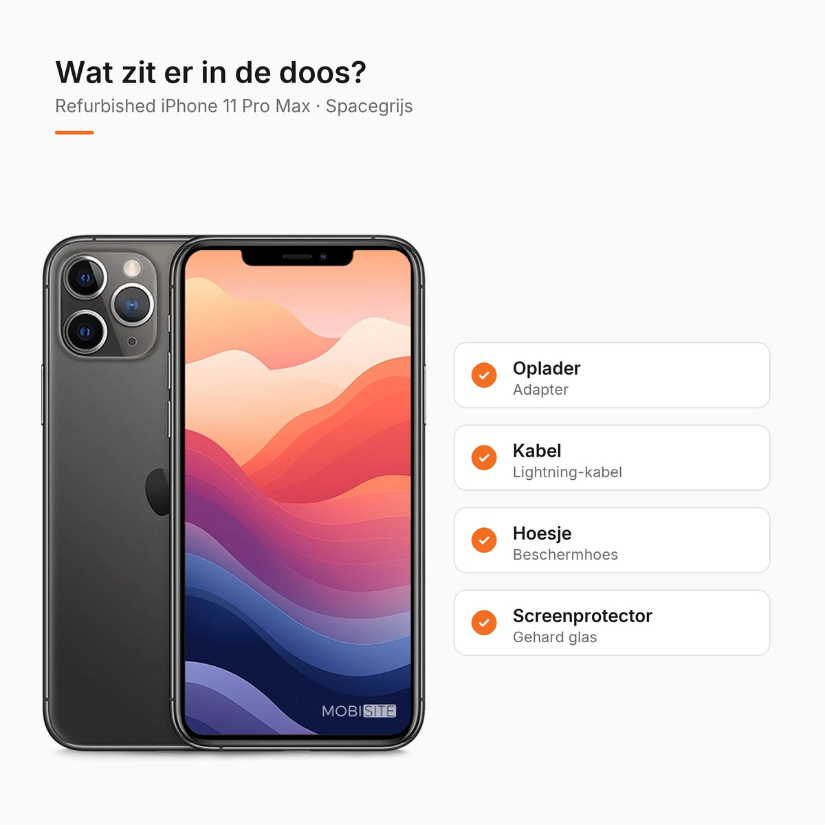 Refurbished iPhone 11 Pro Max Spacegrijs, wat zit er in de doos