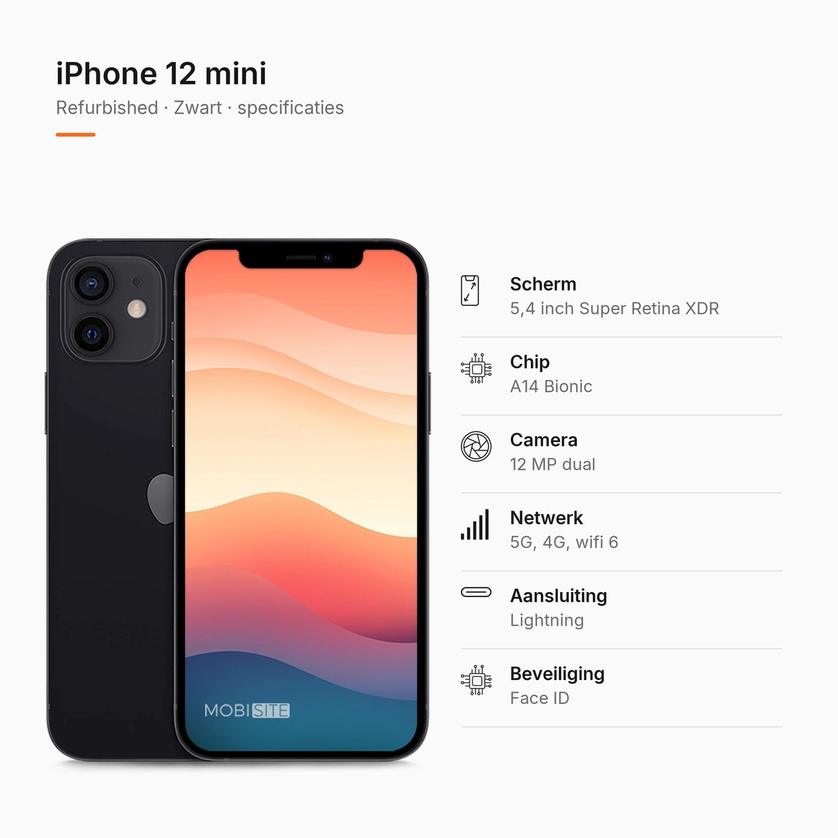 Refurbished iPhone 12 mini Zwart, specificaties
