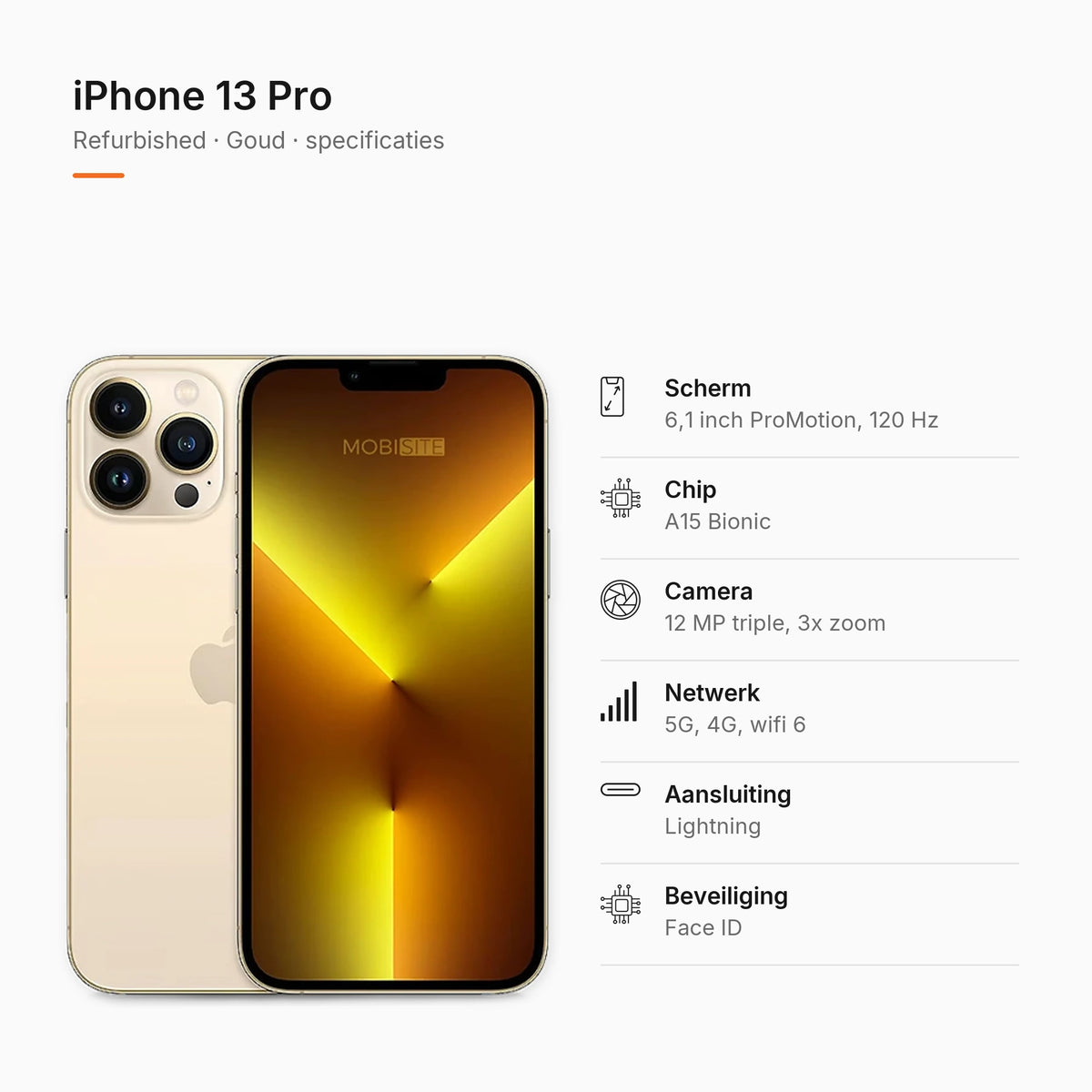 Refurbished iPhone 13 Pro Goud, specificaties