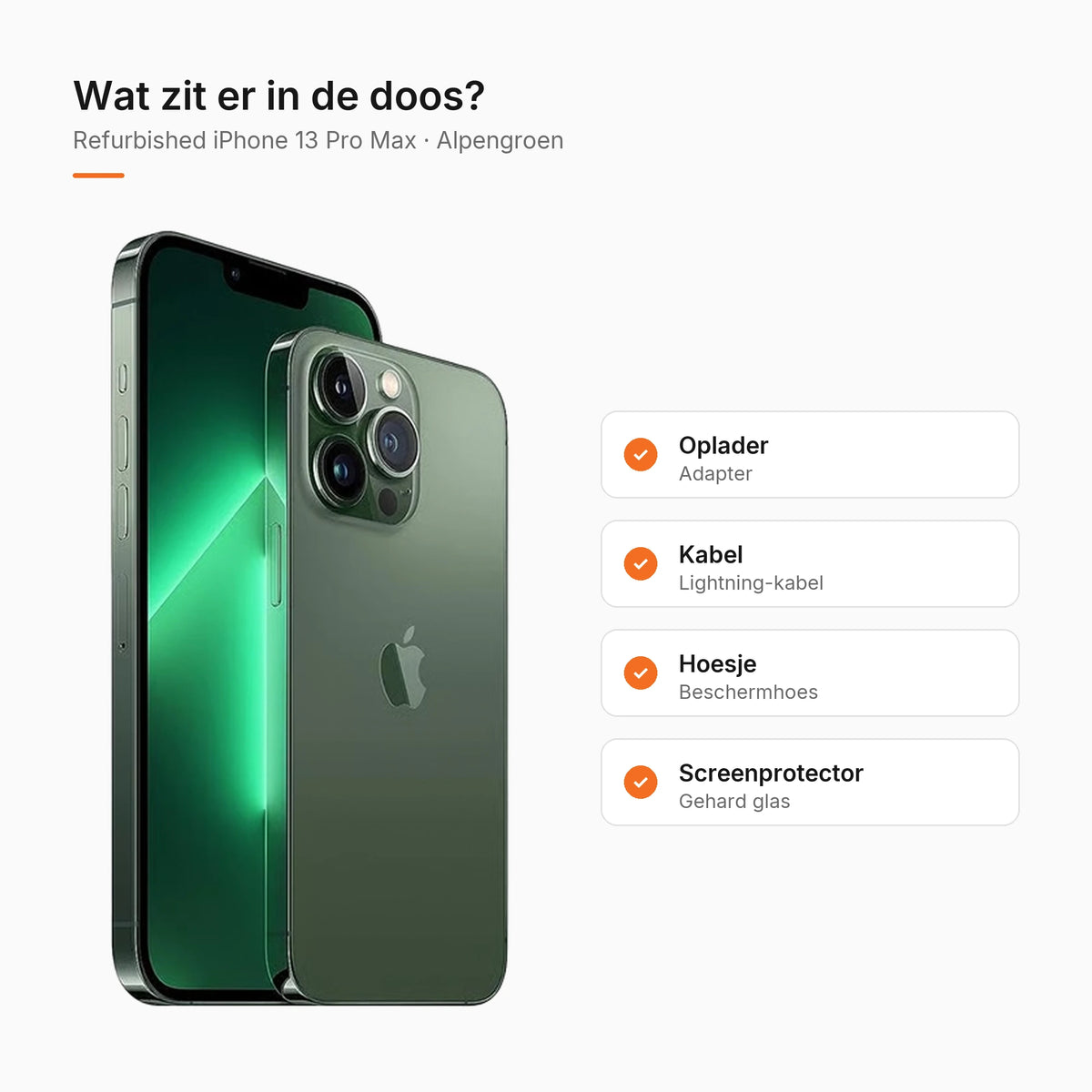 Refurbished iPhone 13 Pro Max Alpengroen, wat zit er in de doos