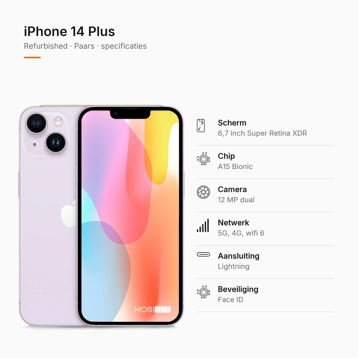 Refurbished iPhone 14 Plus Paars, specificaties