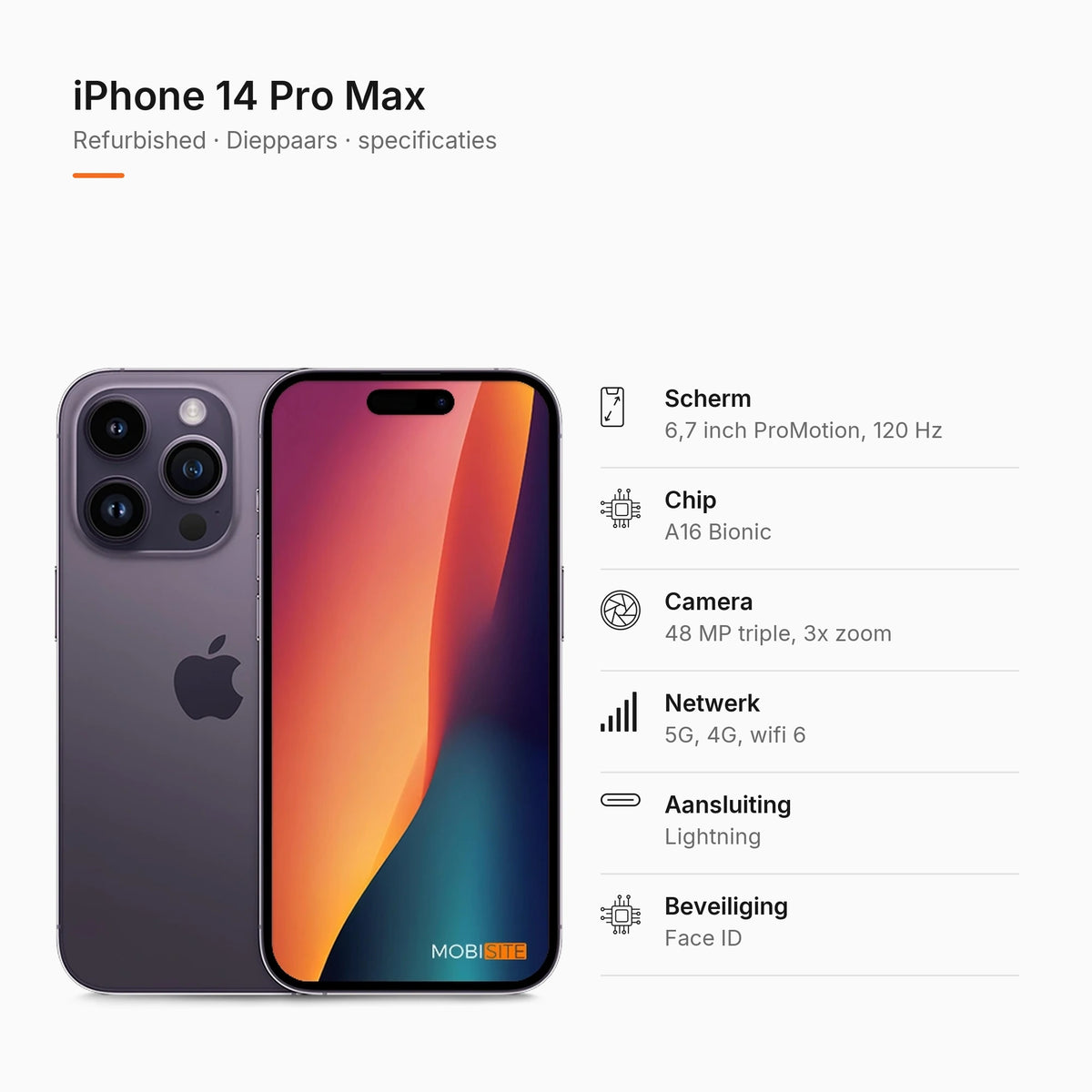 Refurbished iPhone 14 Pro Max Dieppaars, specificaties