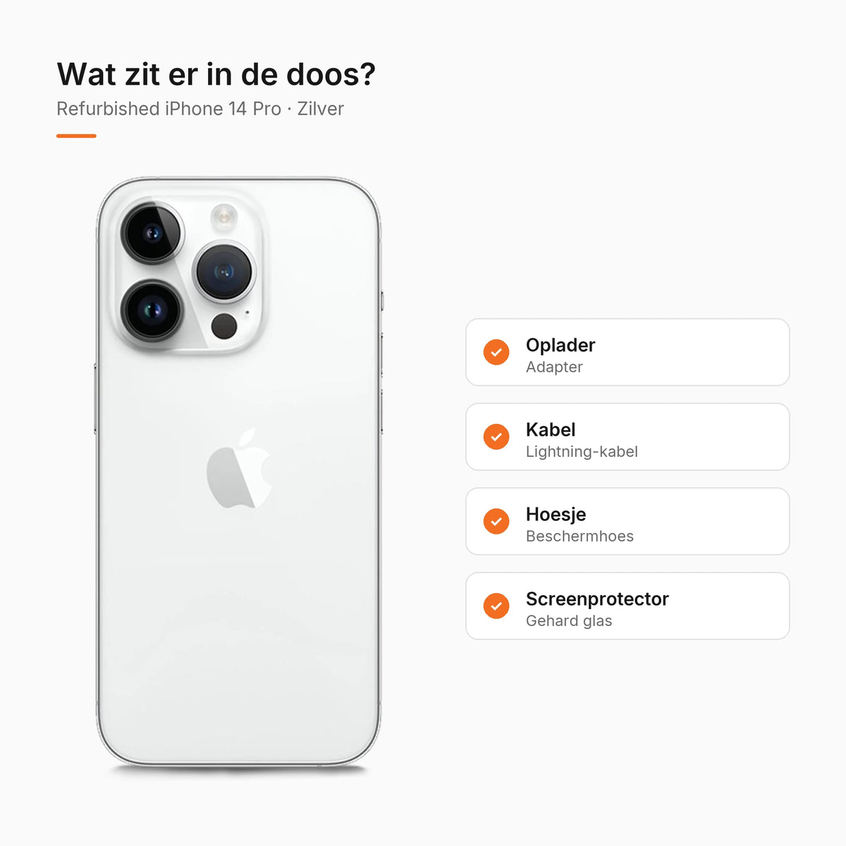 Refurbished iPhone 14 Pro Zilver, wat zit er in de doos