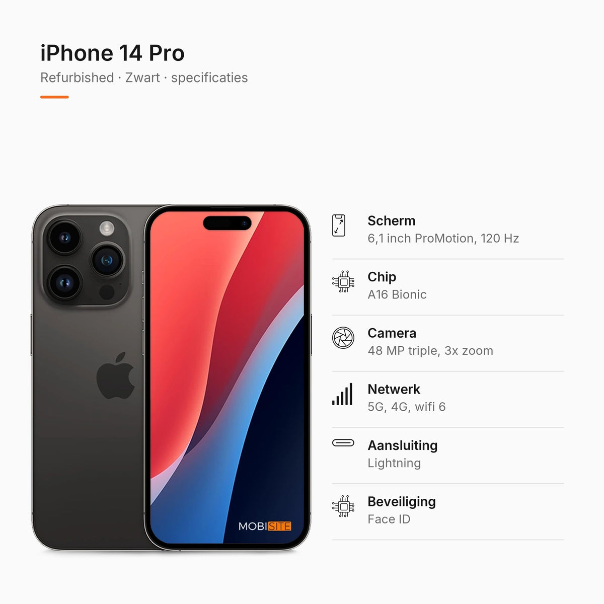 Refurbished iPhone 14 Pro Zwart, specificaties