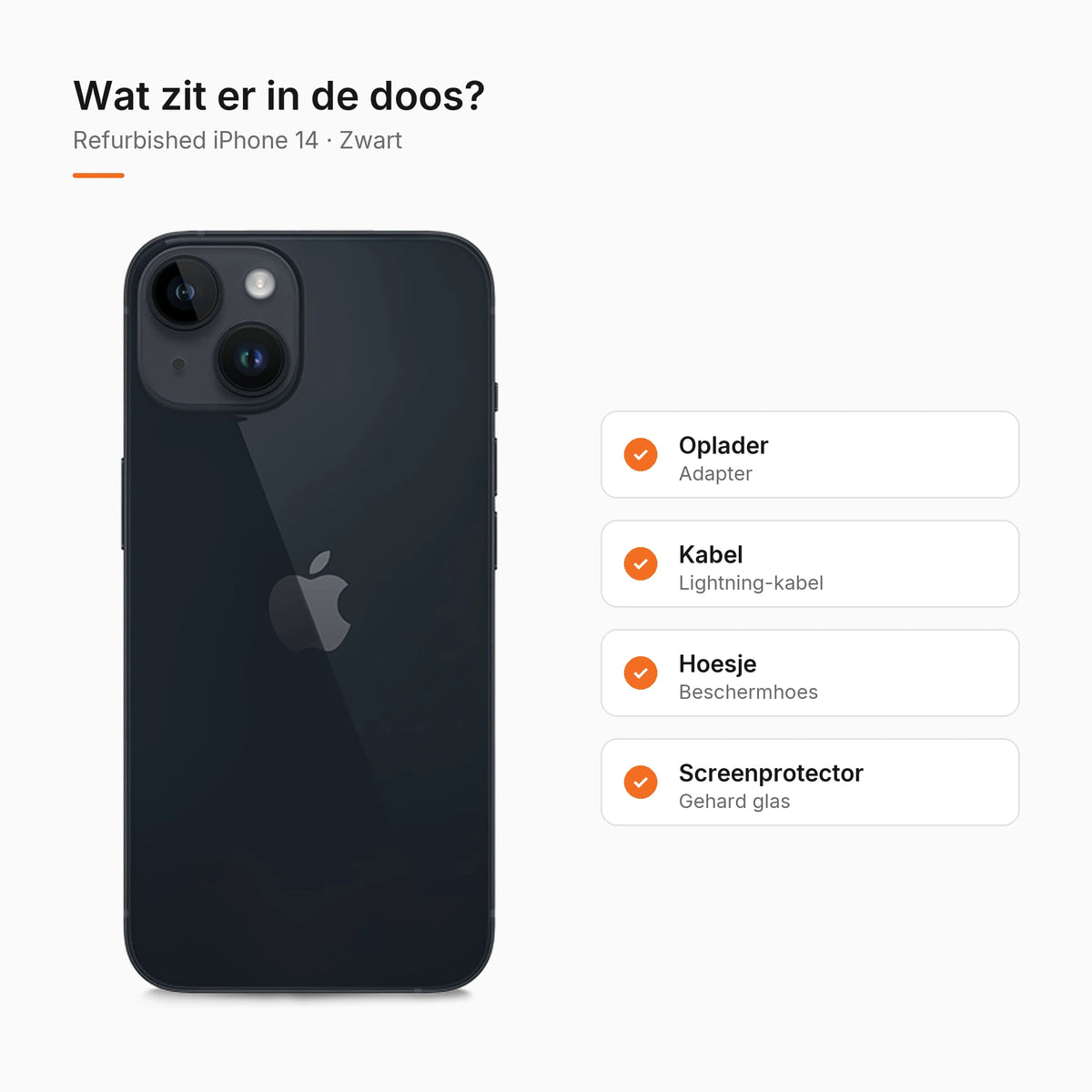Refurbished iPhone 14 Zwart, wat zit er in de doos