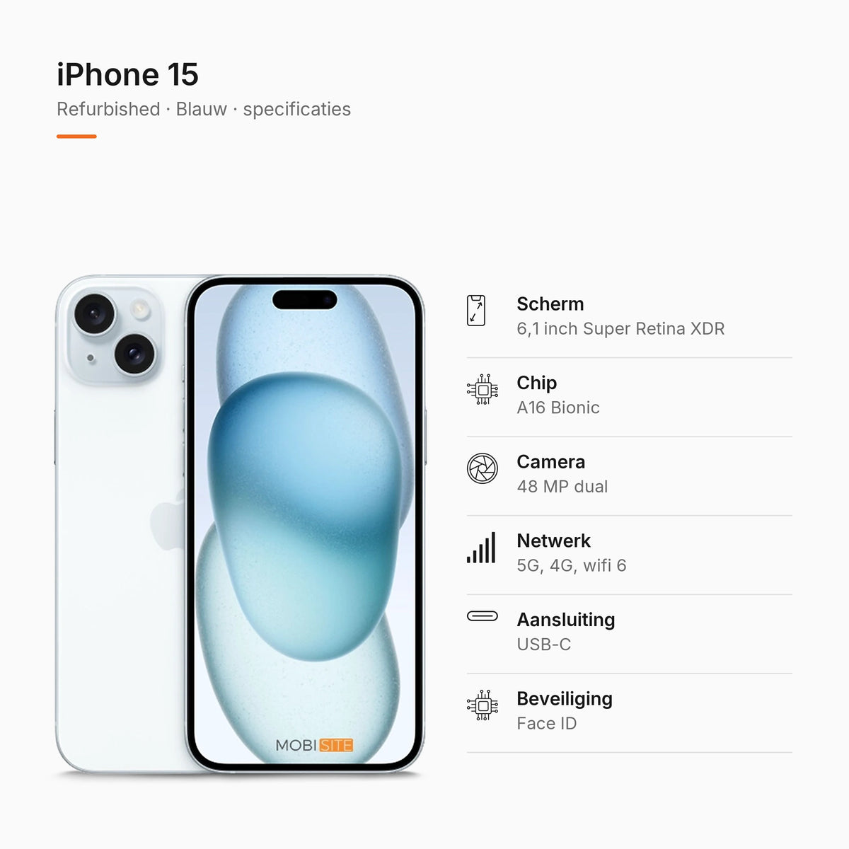 Refurbished iPhone 15 Blauw, specificaties