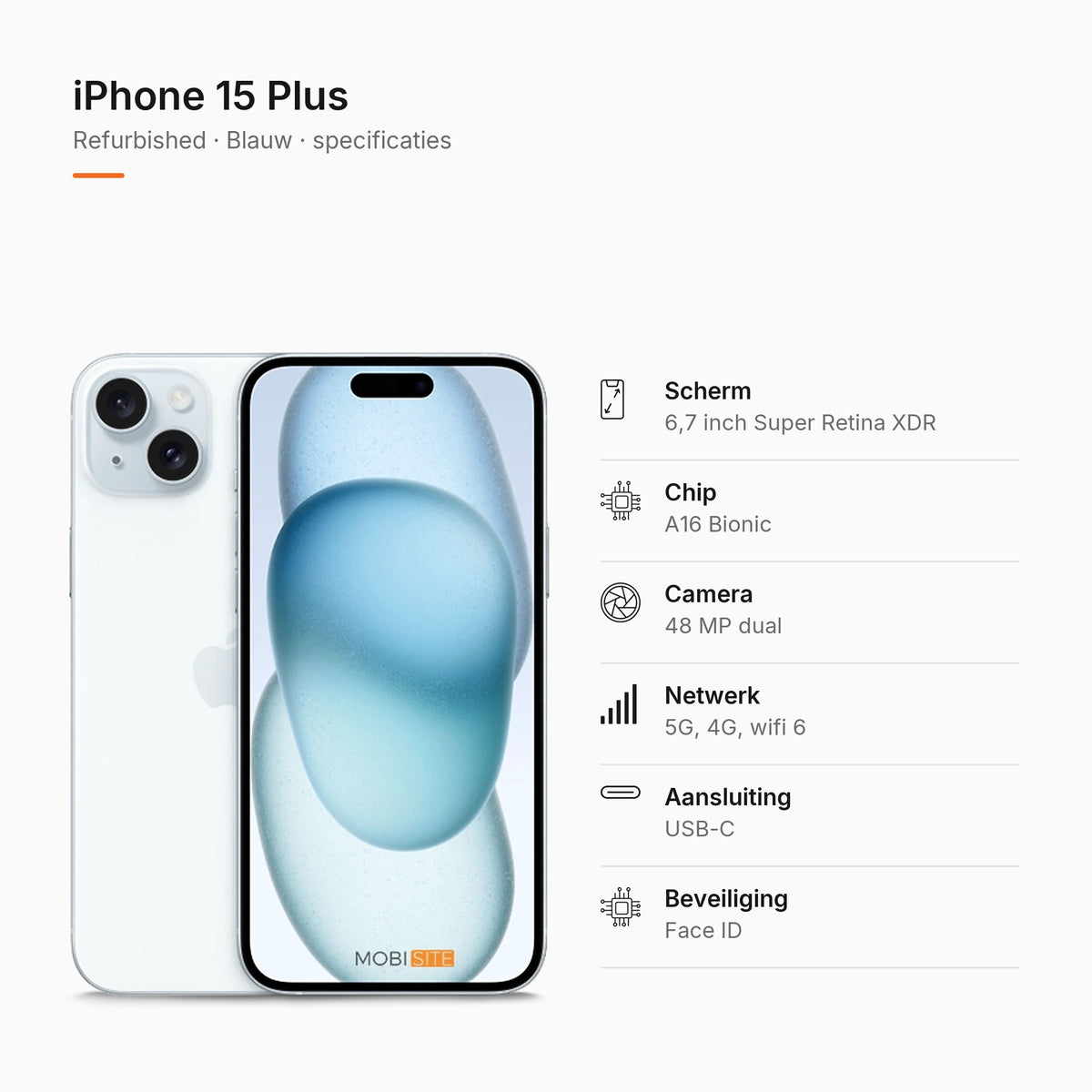 Refurbished iPhone 15 Plus Blauw, specificaties