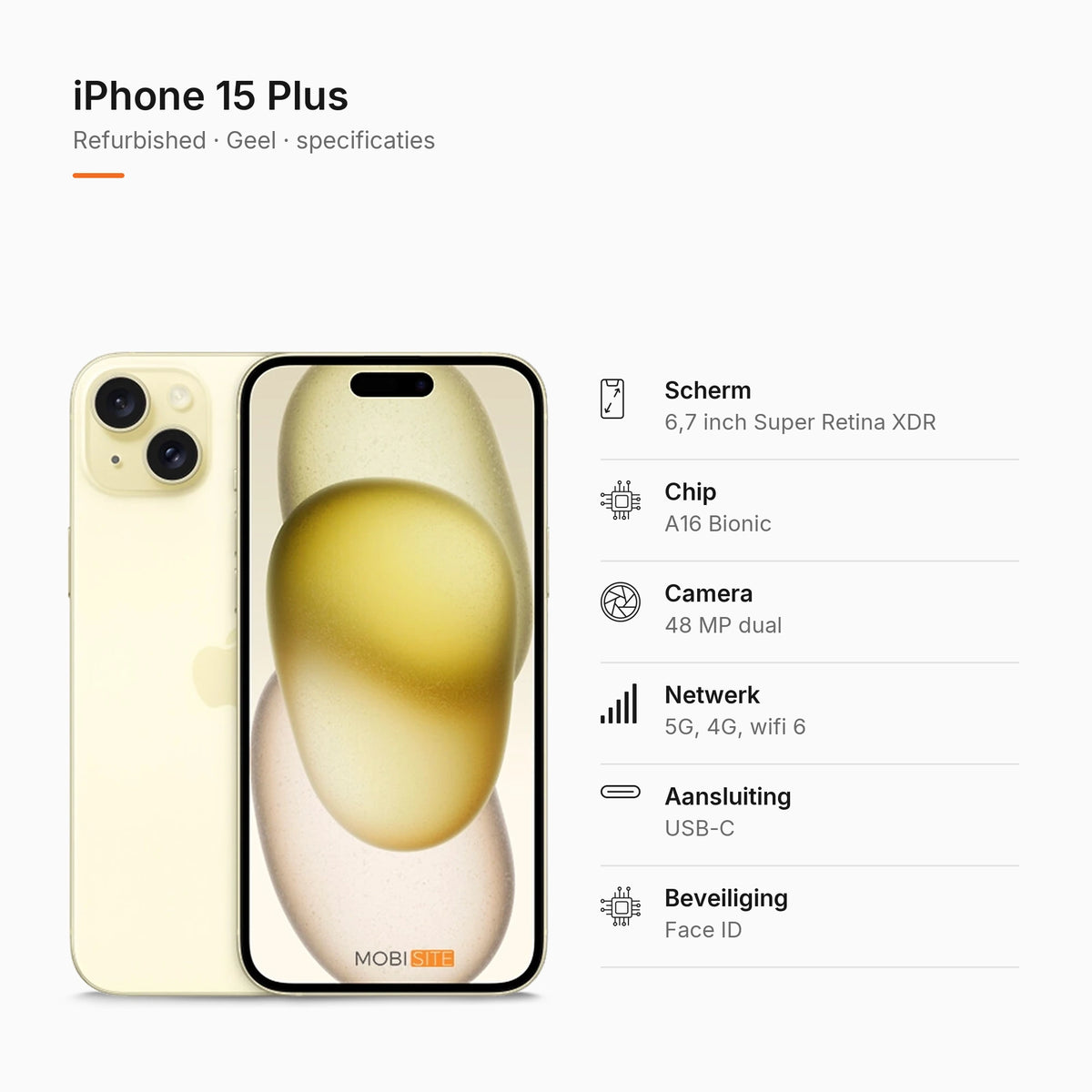 Refurbished iPhone 15 Plus Geel, specificaties