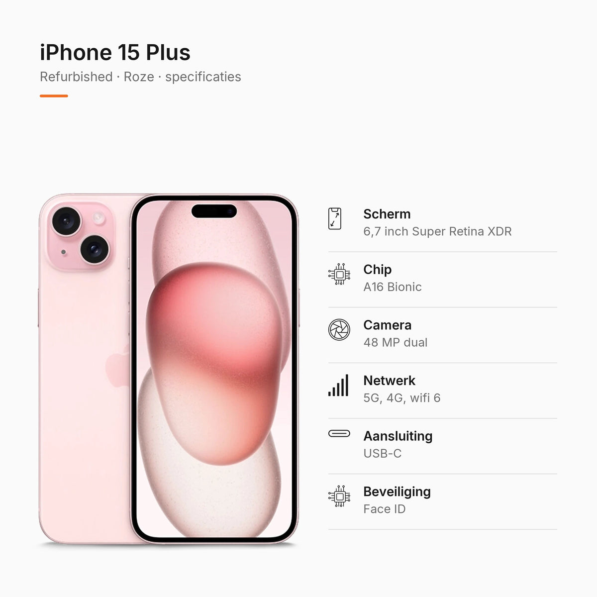 Refurbished iPhone 15 Plus Roze, specificaties