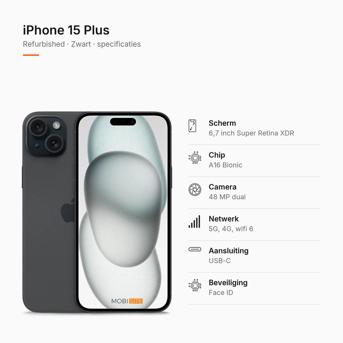 Refurbished iPhone 15 Plus Zwart, specificaties