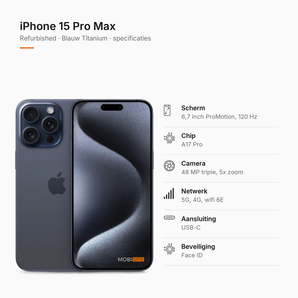 Refurbished iPhone 15 Pro Max Blauw Titanium, specificaties