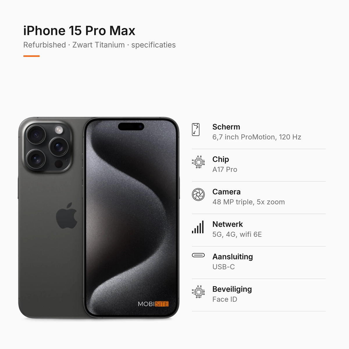 Refurbished iPhone 15 Pro Max Zwart Titanium, specificaties