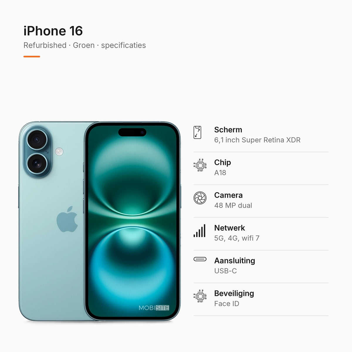 Refurbished iPhone 16 Groen, specificaties