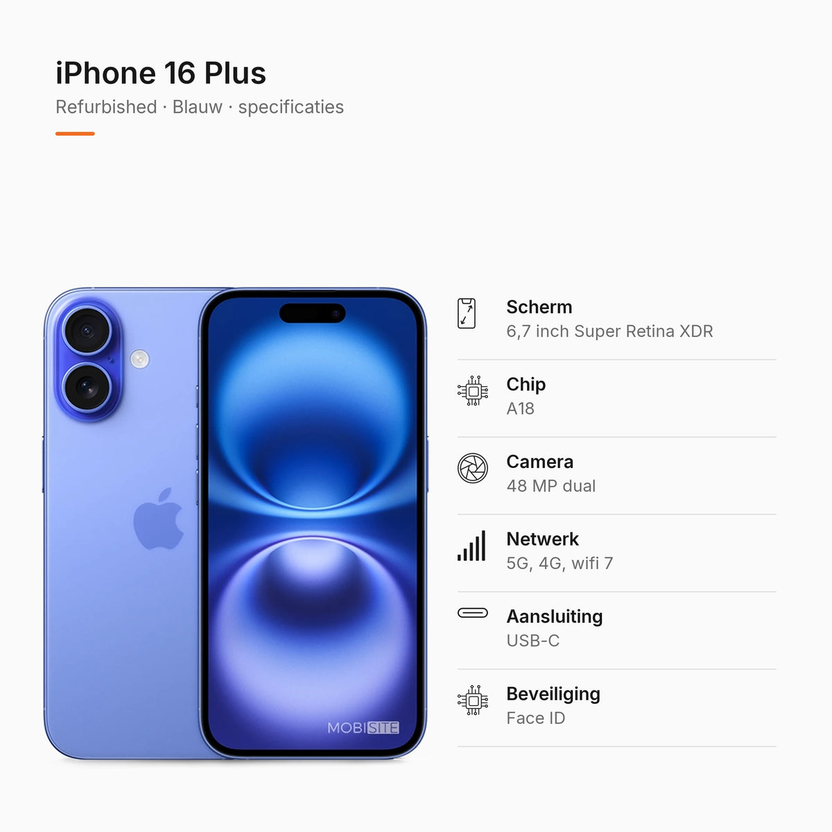 Refurbished iPhone 16 Plus Blauw, specificaties