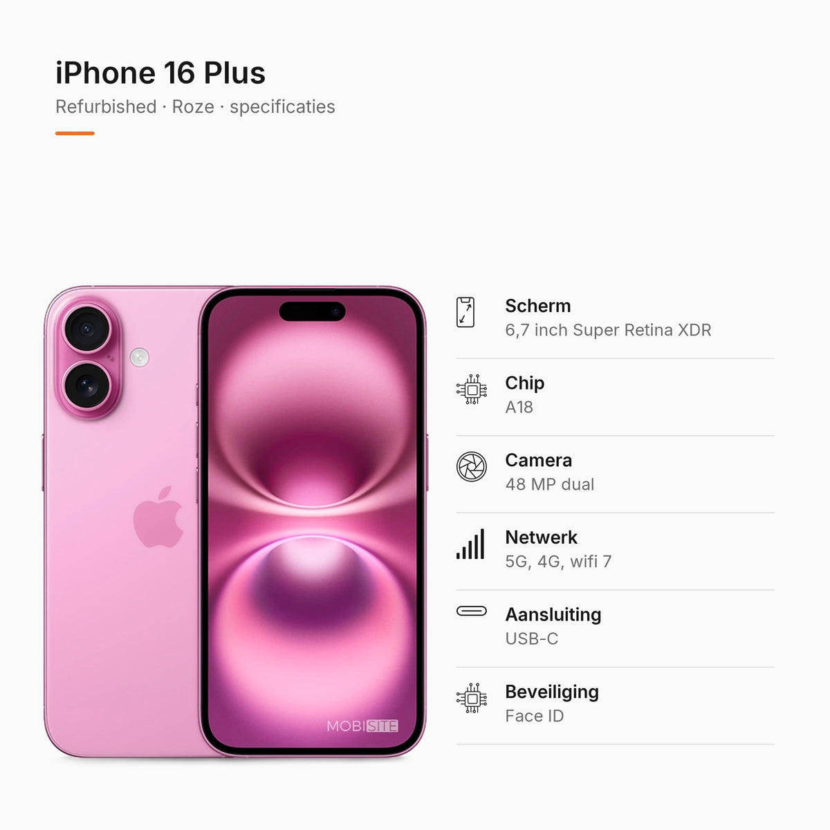 Refurbished iPhone 16 Plus Roze, specificaties