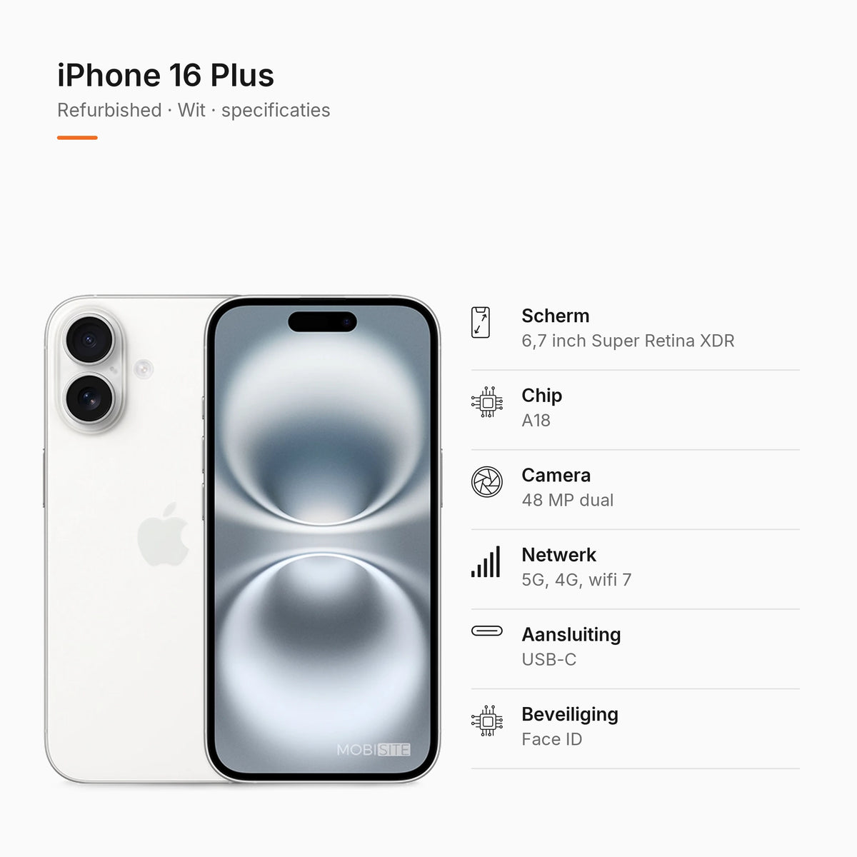 Refurbished iPhone 16 Plus Wit, specificaties