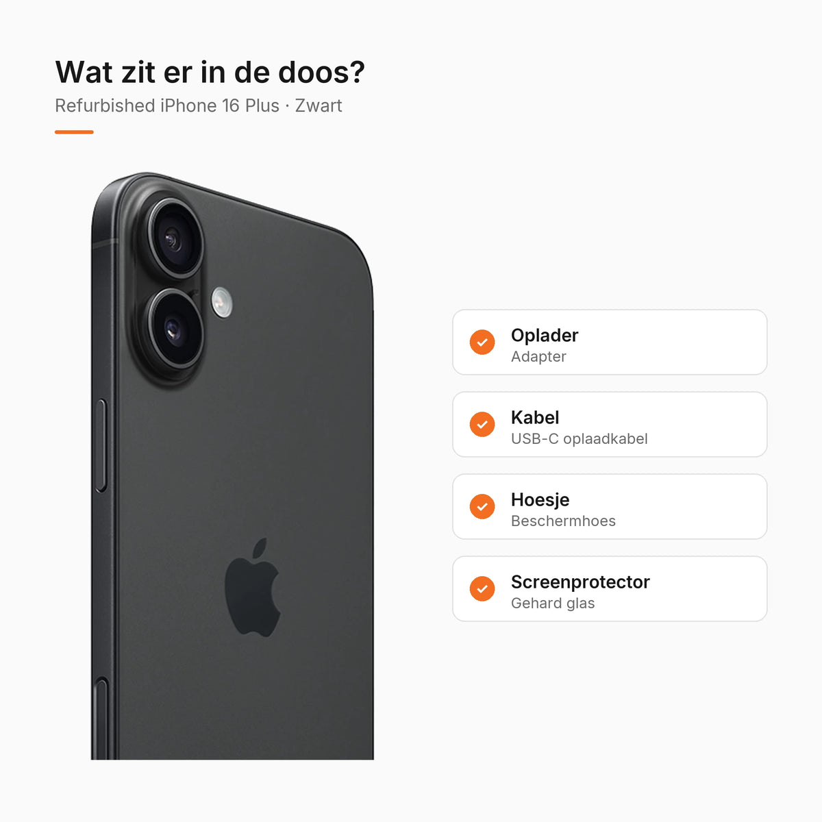 Refurbished iPhone 16 Plus Zwart, wat zit er in de doos