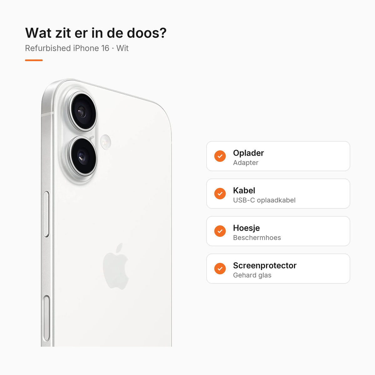 Refurbished iPhone 16 Wit, wat zit er in de doos