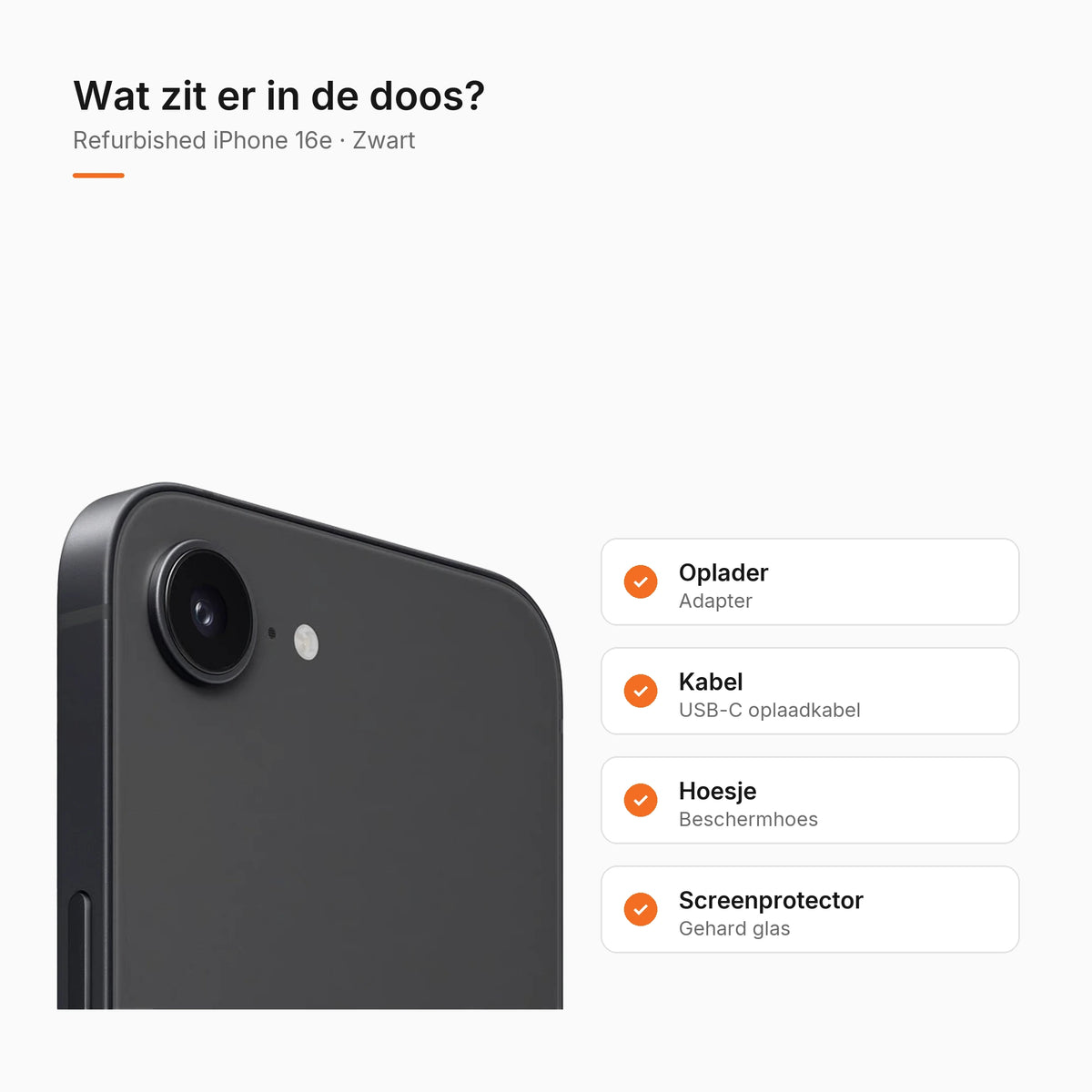 Refurbished iPhone 16e Zwart, wat zit er in de doos