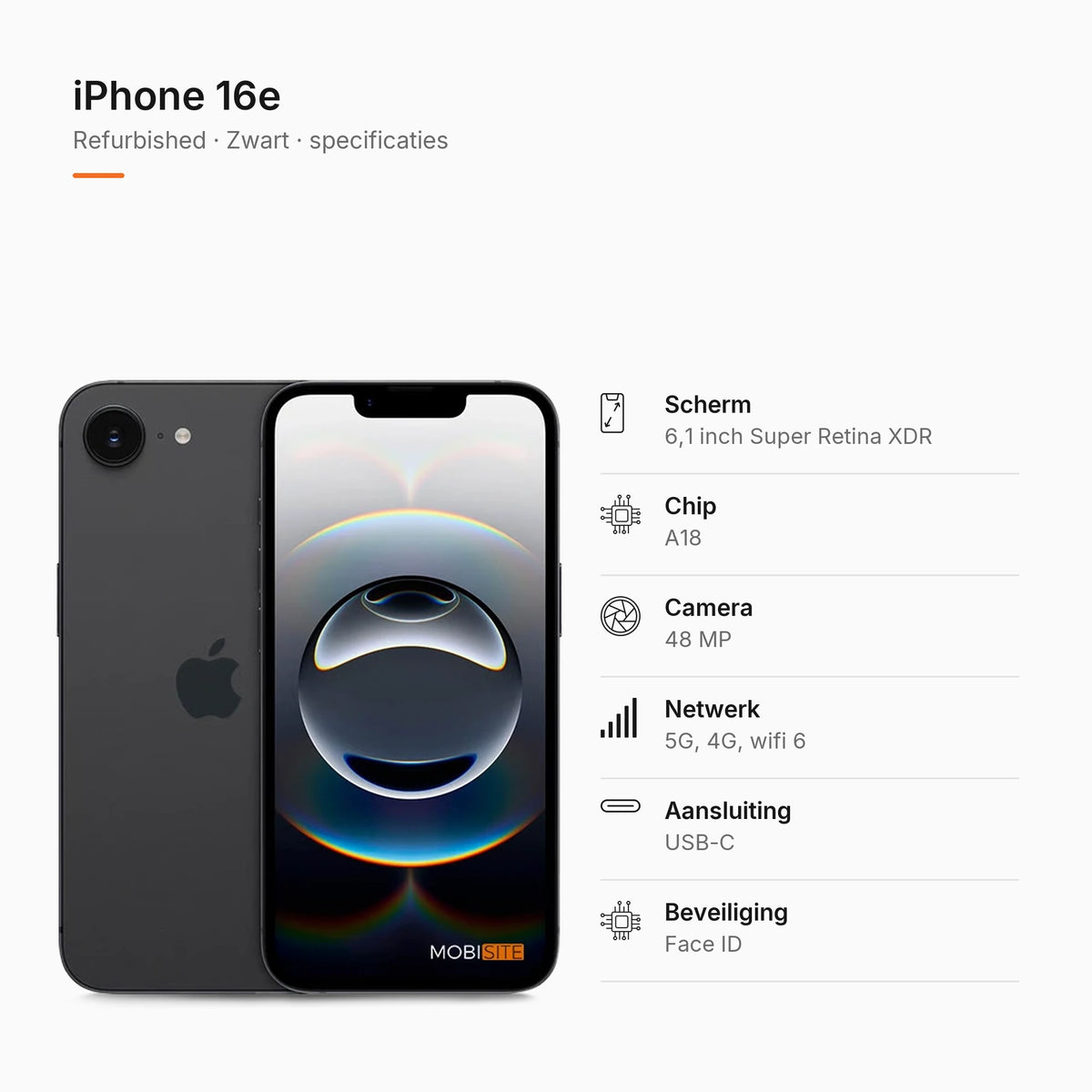 Refurbished iPhone 16e Zwart, specificaties