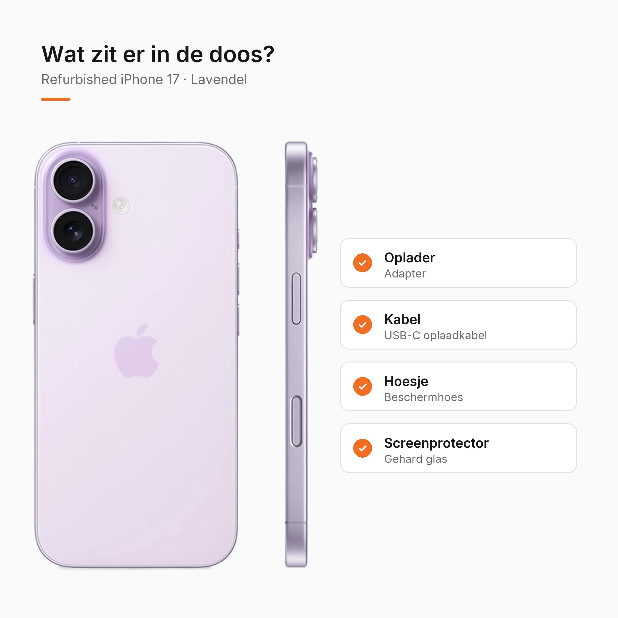 Refurbished iPhone 17 Lavendel, wat zit er in de doos