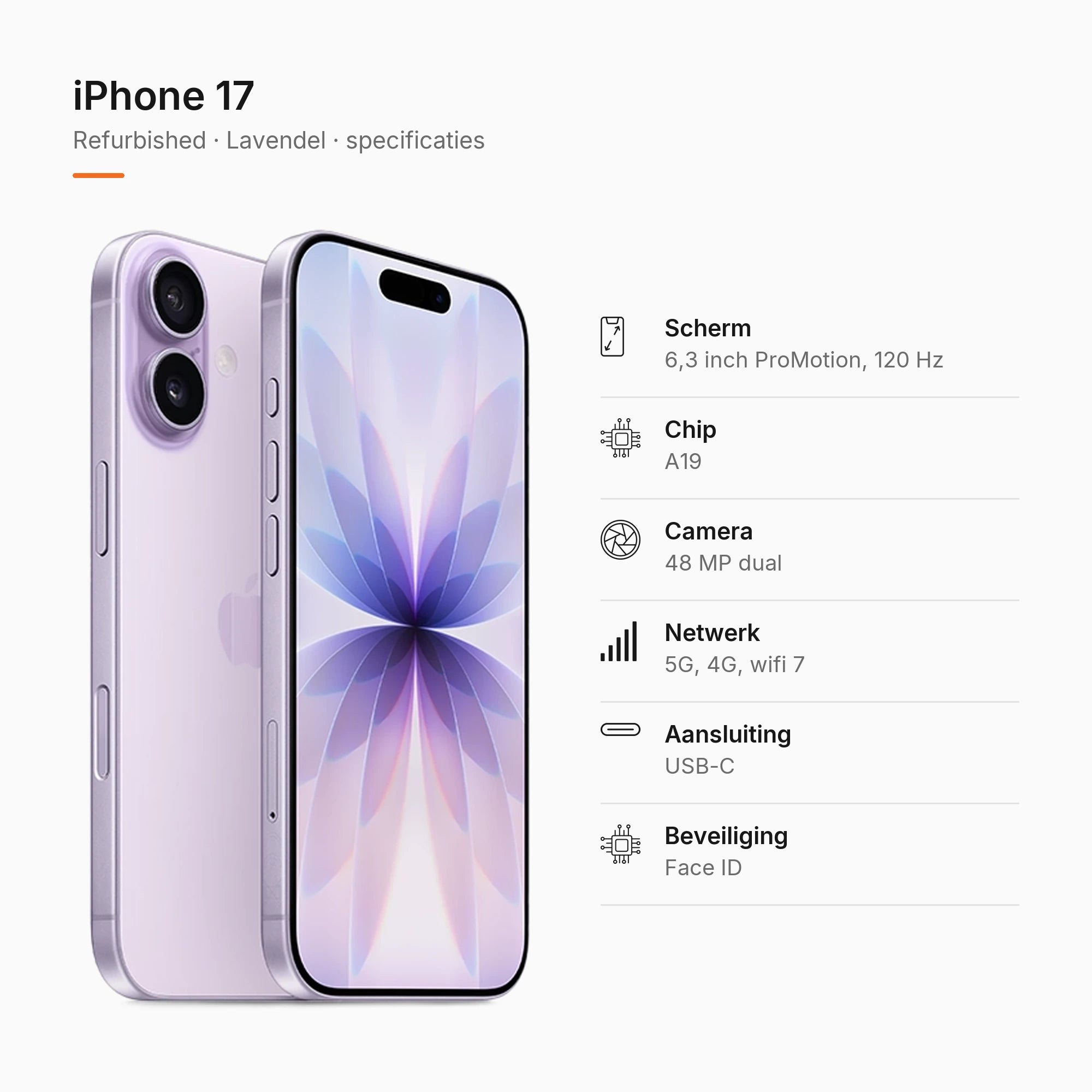 Refurbished iPhone 17 Lavendel, specificaties