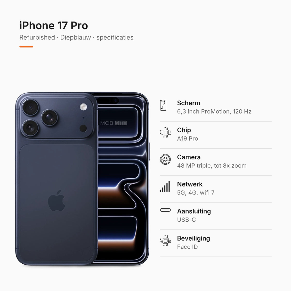 Refurbished iPhone 17 Pro Diepblauw, specificaties