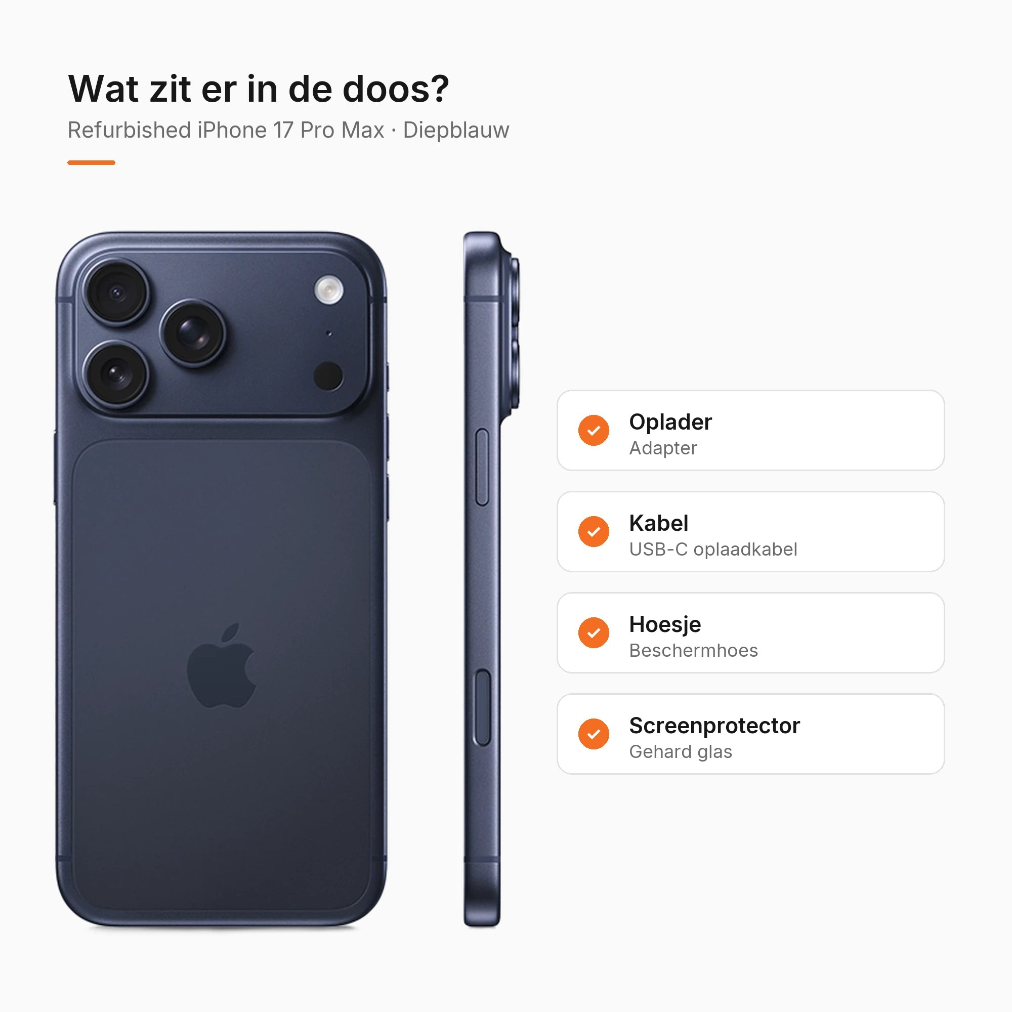 Refurbished iPhone 17 Pro Max Diepblauw, wat zit er in de doos