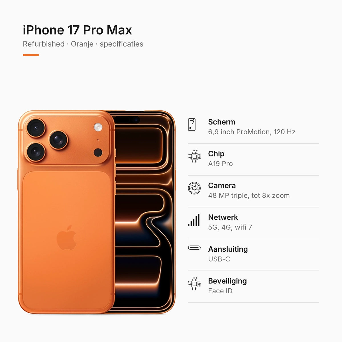 Refurbished iPhone 17 Pro Max Oranje, specificaties