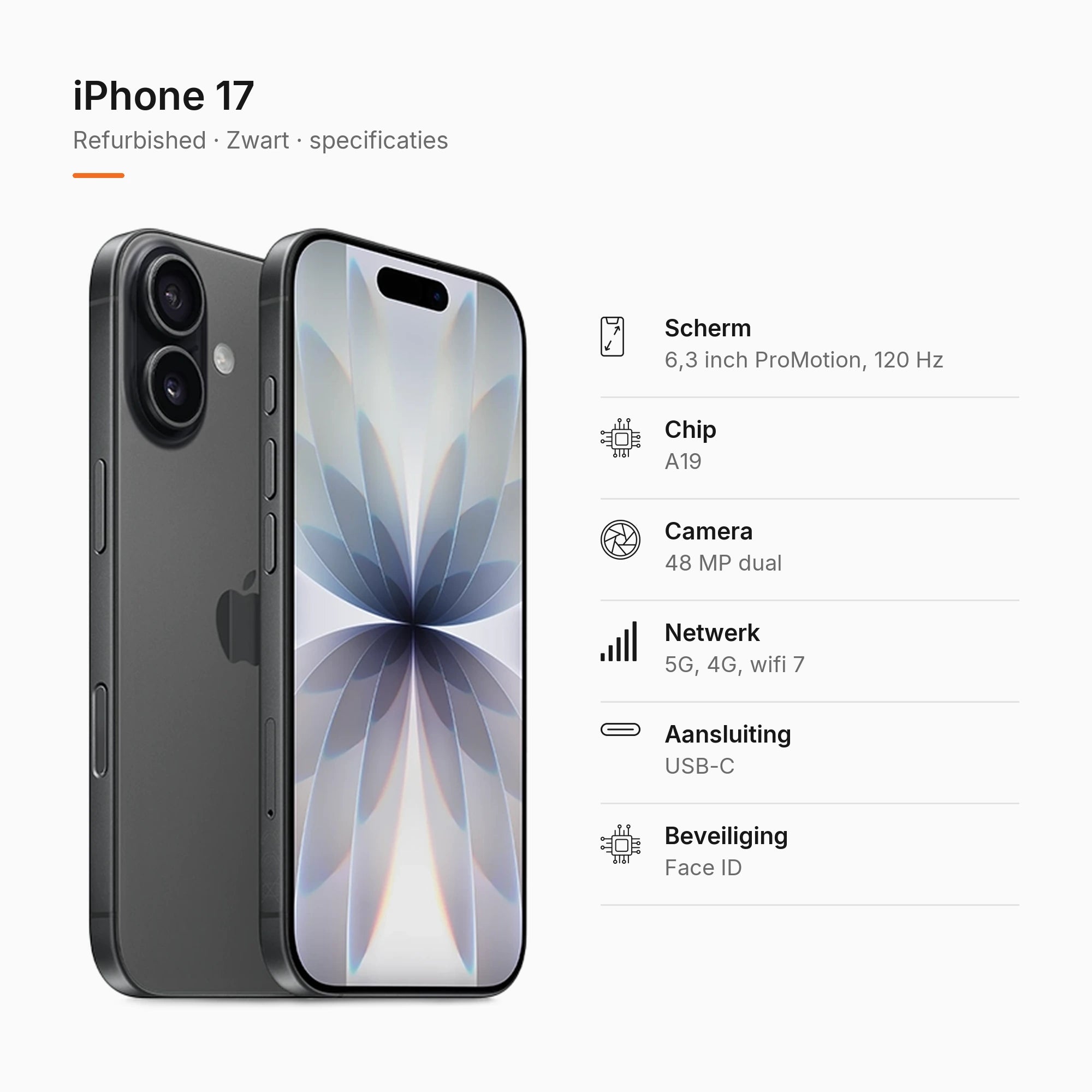 Refurbished iPhone 17 Zwart, specificaties