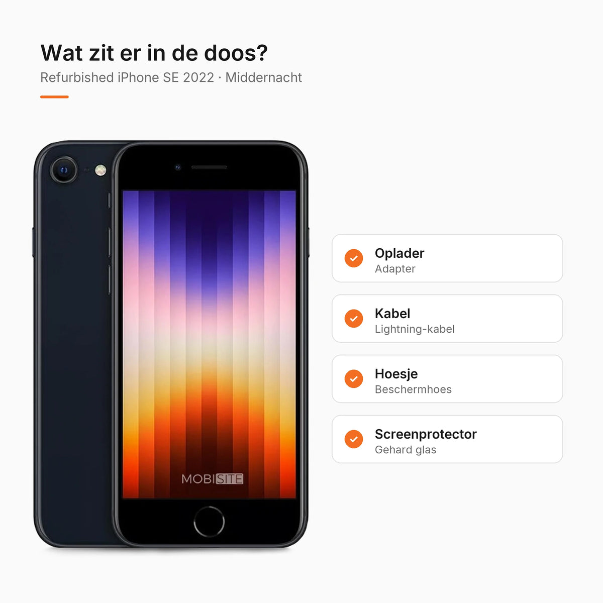 Refurbished iPhone SE 2022 Middernacht, wat zit er in de doos