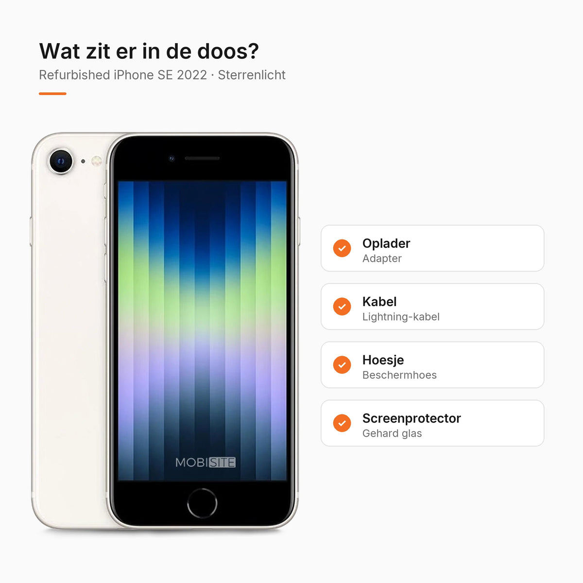 Refurbished iPhone SE 2022 Sterrenlicht, wat zit er in de doos