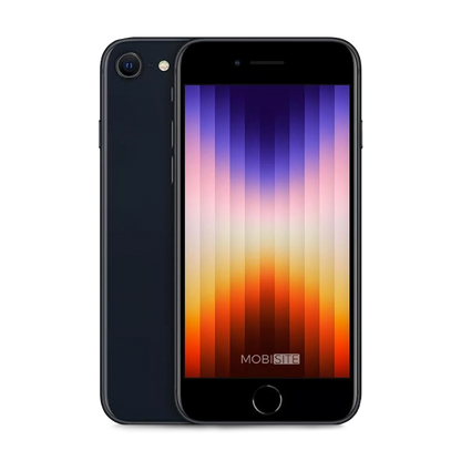 Refurbished iPhone SE 2022 Middernacht, voorkant en achterkant