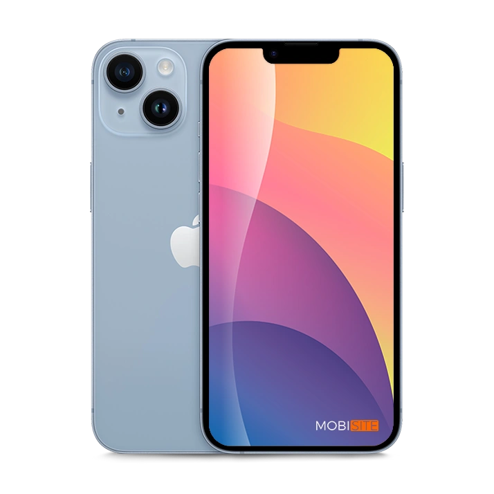 Refurbished iPhone 14 Plus blauw, voorkant en achterkant