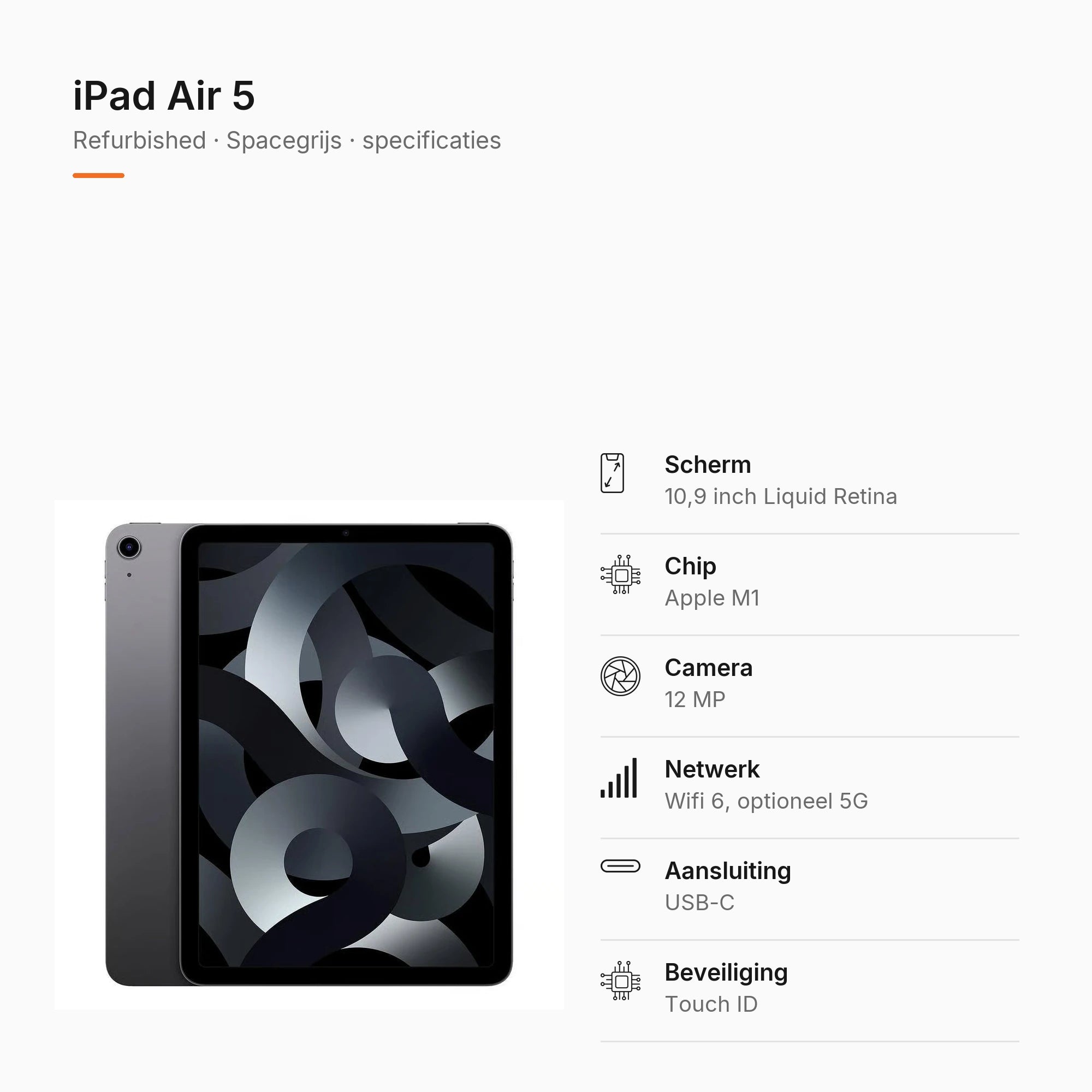 Refurbished iPad Air 5 Spacegrijs, specificaties