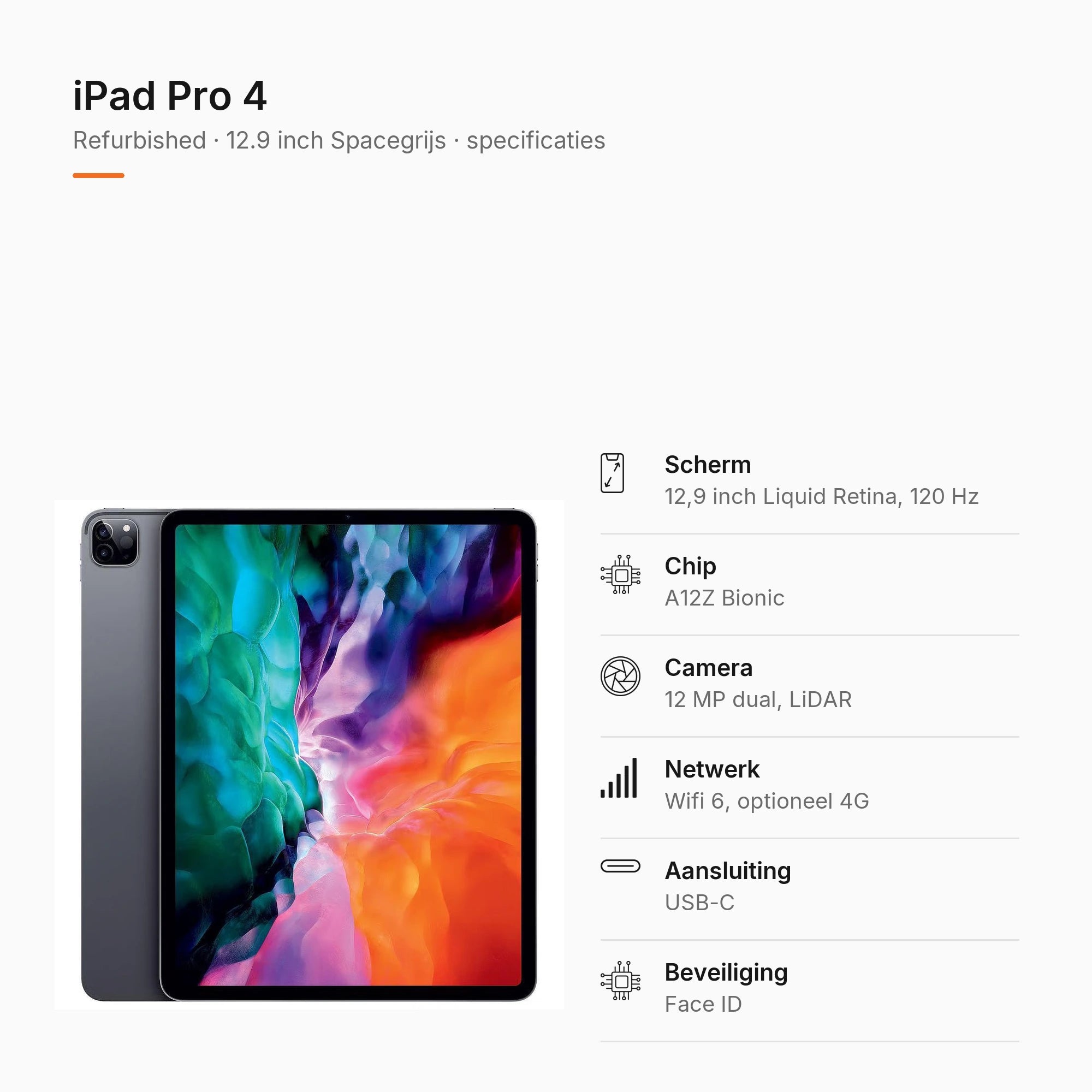 Refurbished iPad Pro 4 12.9 inch Spacegrijs, specificaties