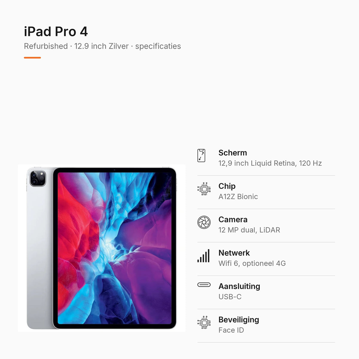 Refurbished iPad Pro 4 12.9 inch Zilver, specificaties