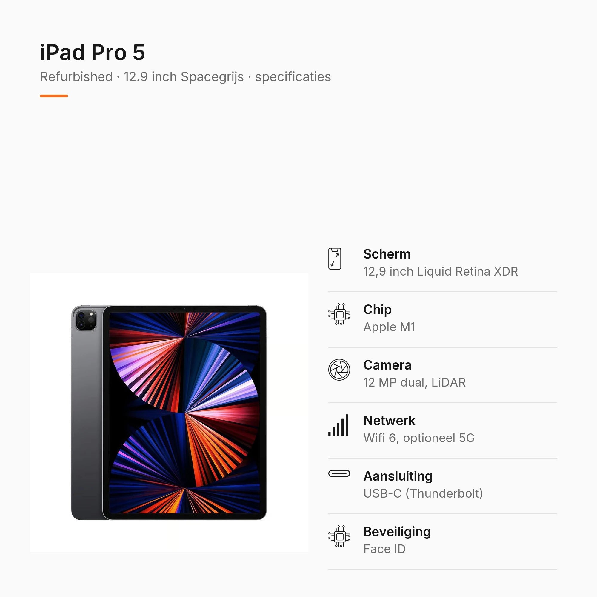 Refurbished iPad Pro 5 12.9 inch Spacegrijs, specificaties