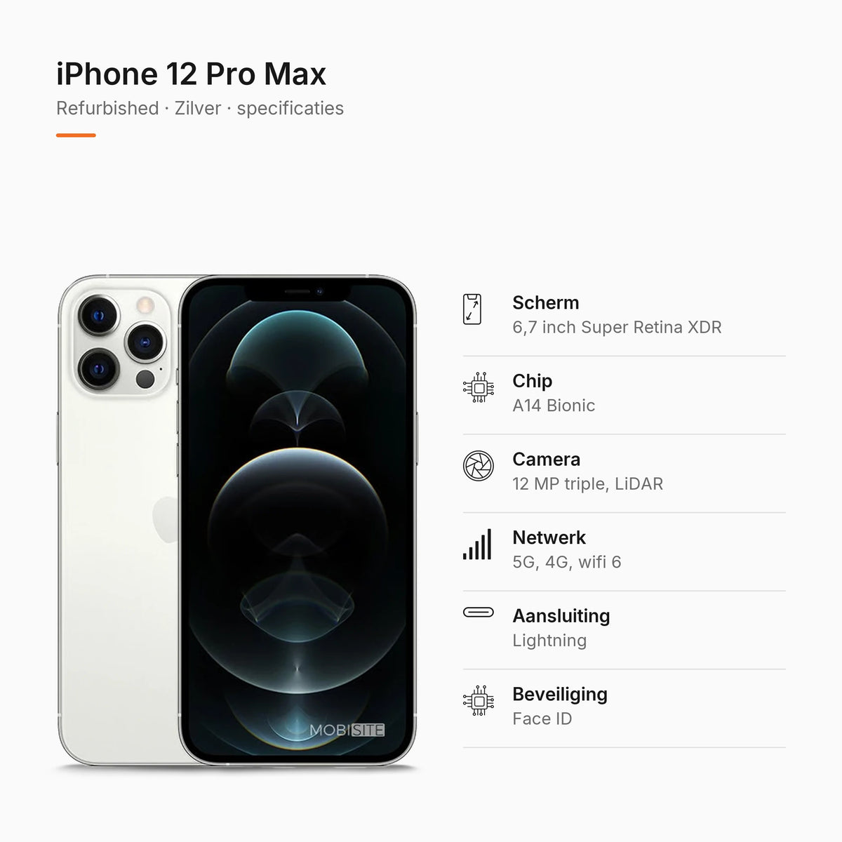 Refurbished iPhone 12 Pro Max Zilver, specificaties