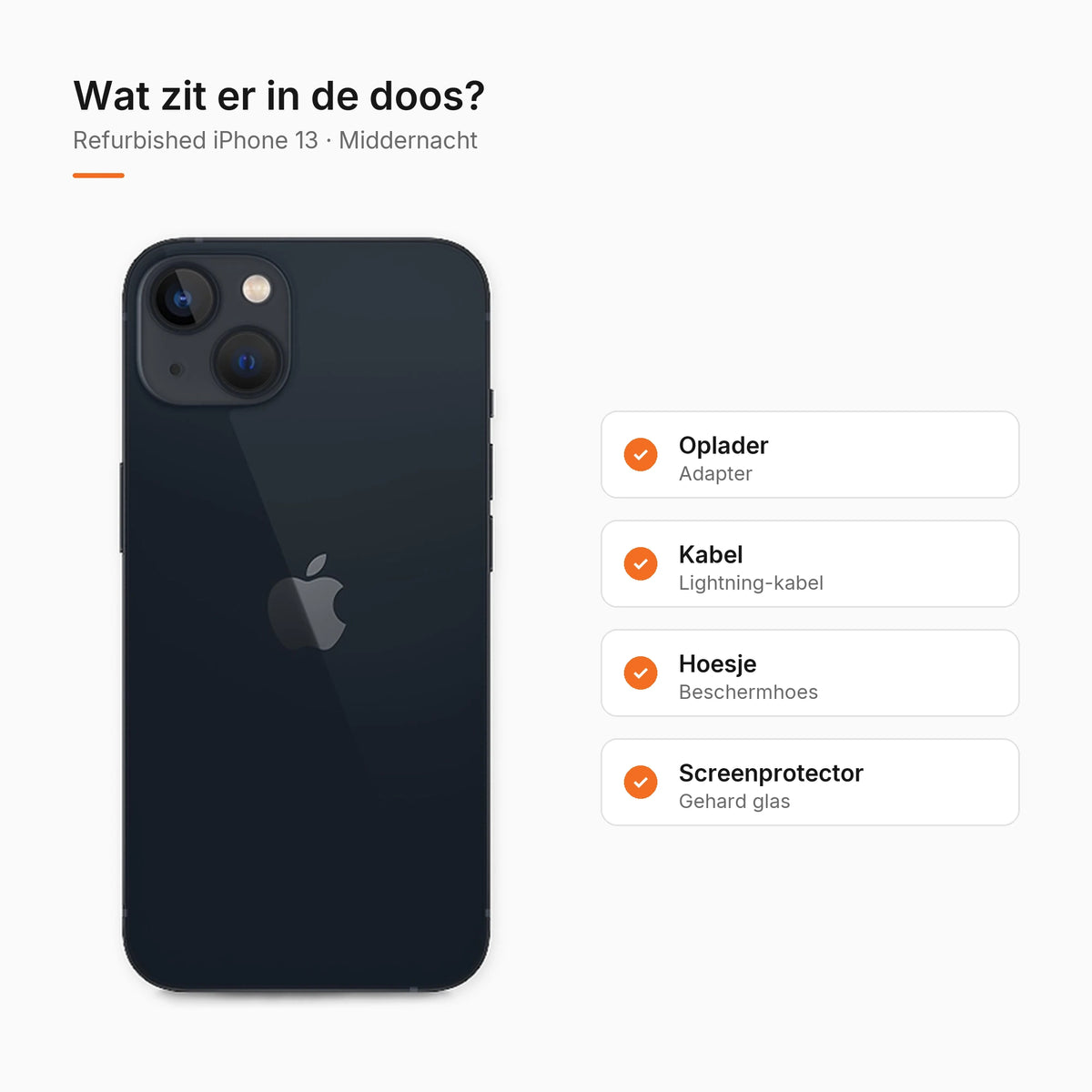 Refurbished iPhone 13 Middernacht, wat zit er in de doos