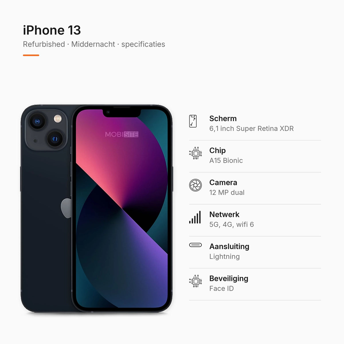Refurbished iPhone 13 Middernacht, specificaties