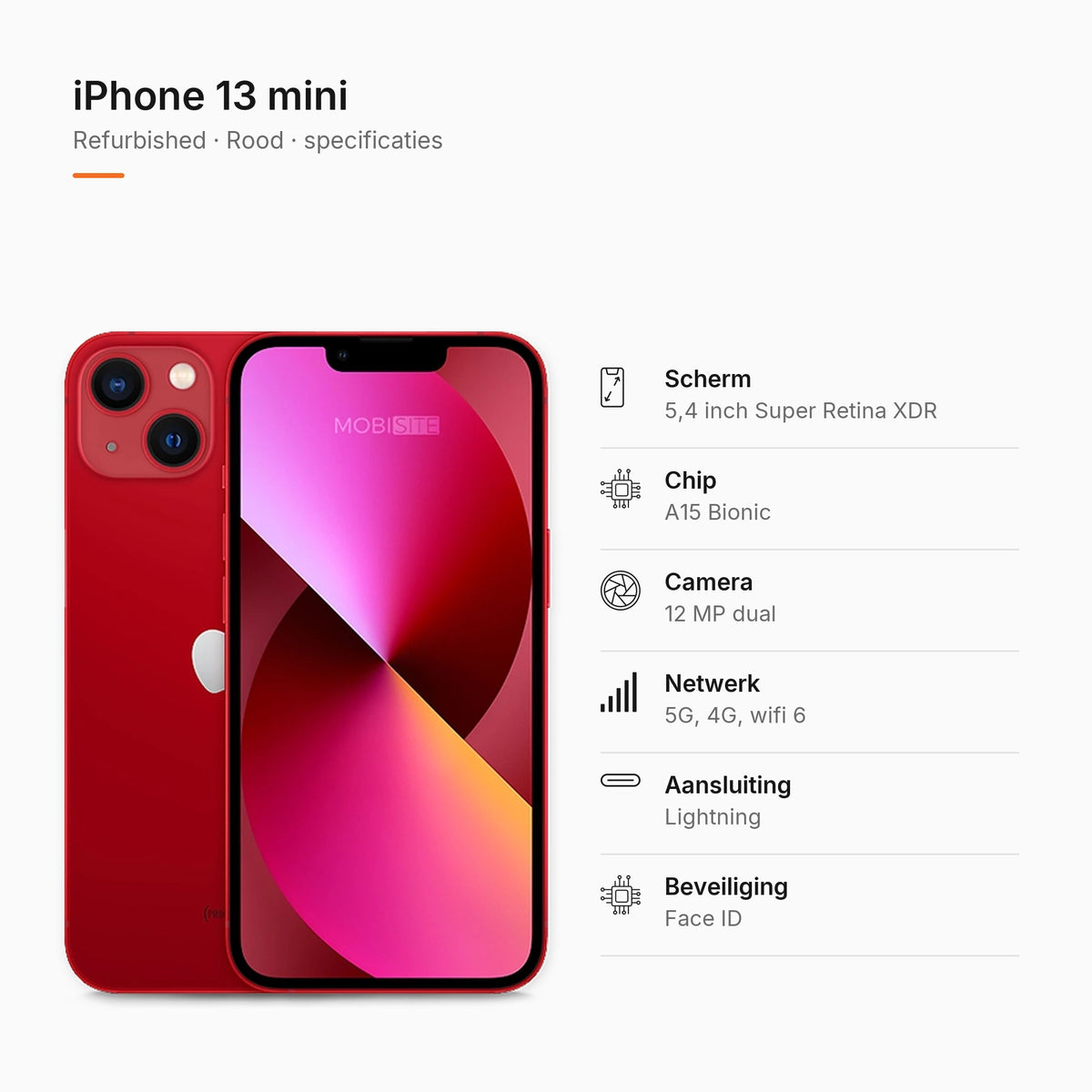 Refurbished iPhone 13 mini Rood, specificaties