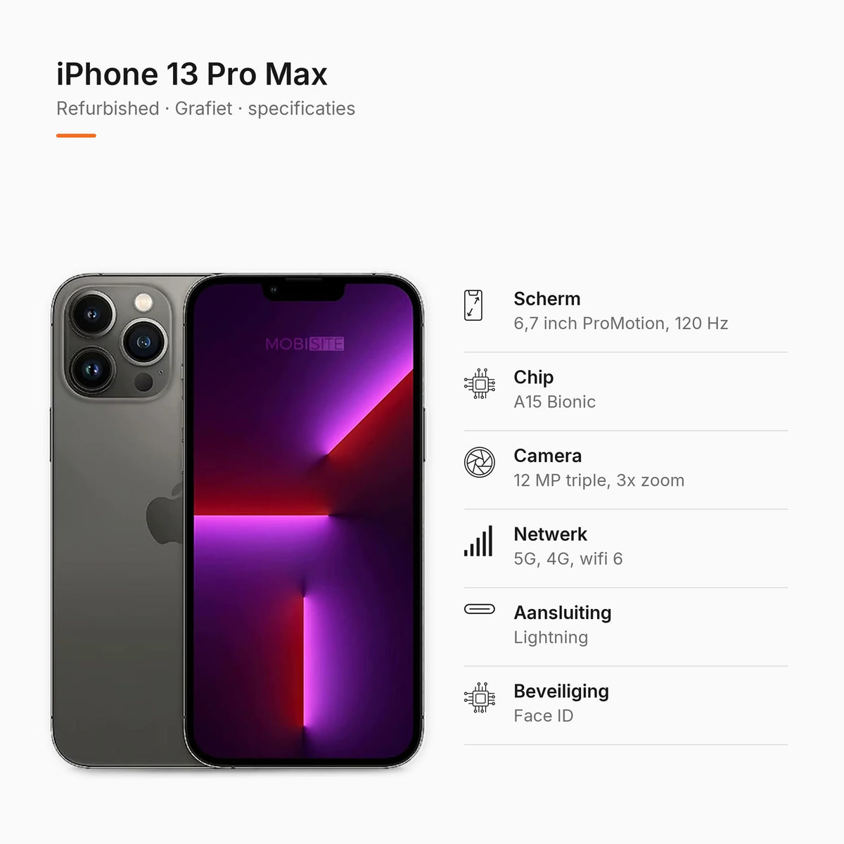 Refurbished iPhone 13 Pro Max Grafiet, specificaties