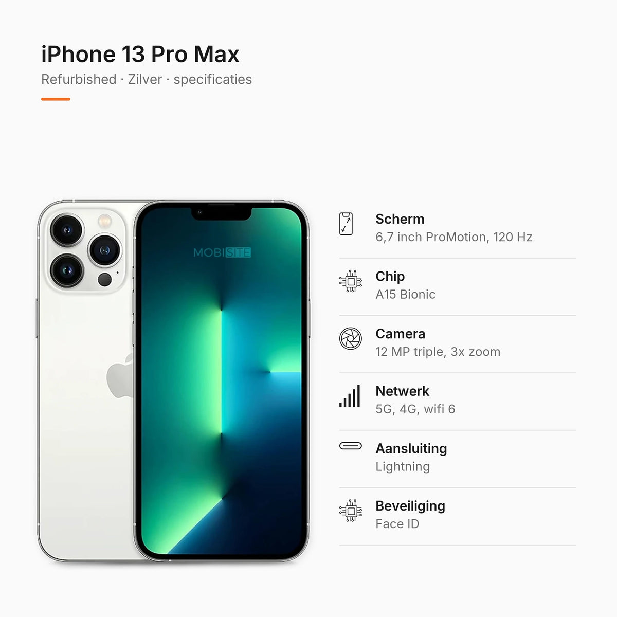 Refurbished iPhone 13 Pro Max Zilver, specificaties