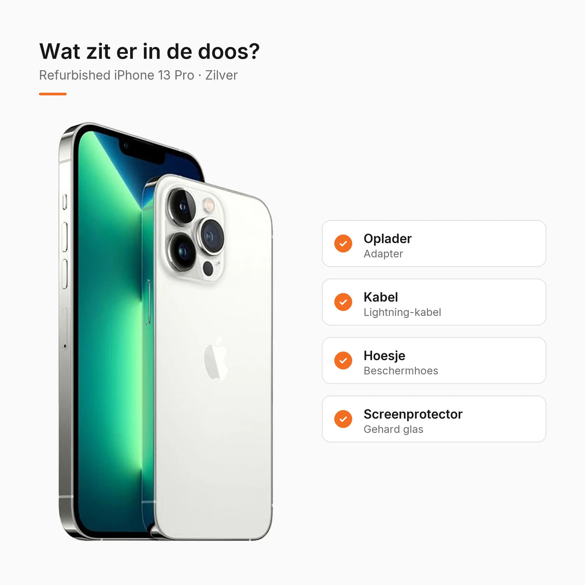 Refurbished iPhone 13 Pro Zilver, wat zit er in de doos