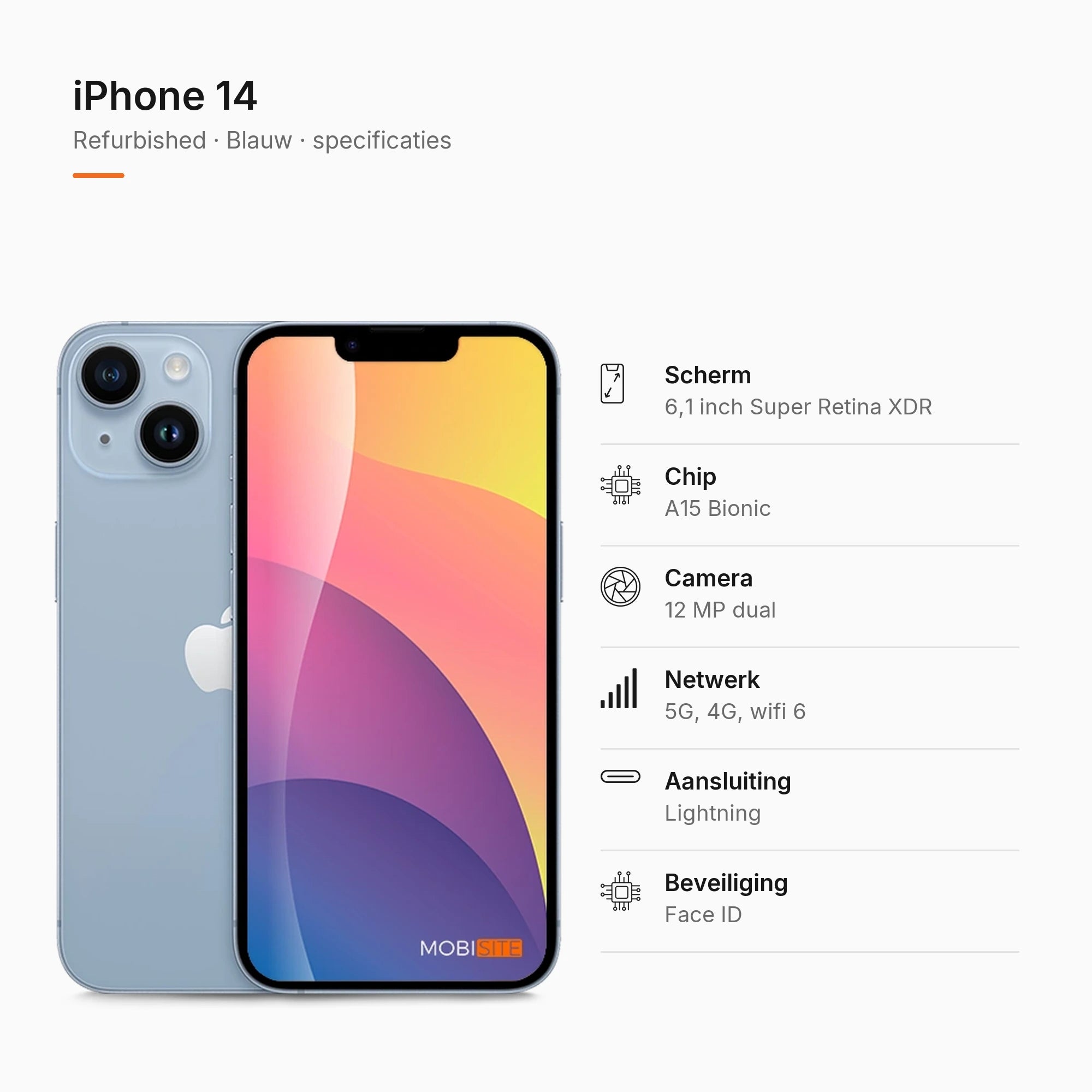 Refurbished iPhone 14 Blauw, specificaties