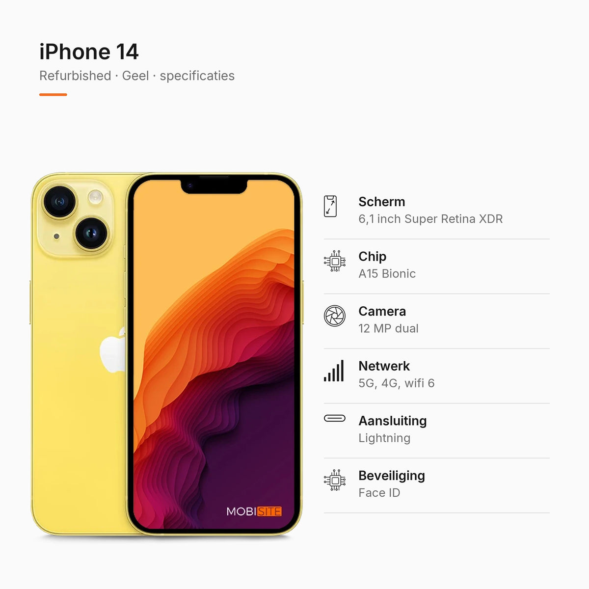Refurbished iPhone 14 Geel, specificaties