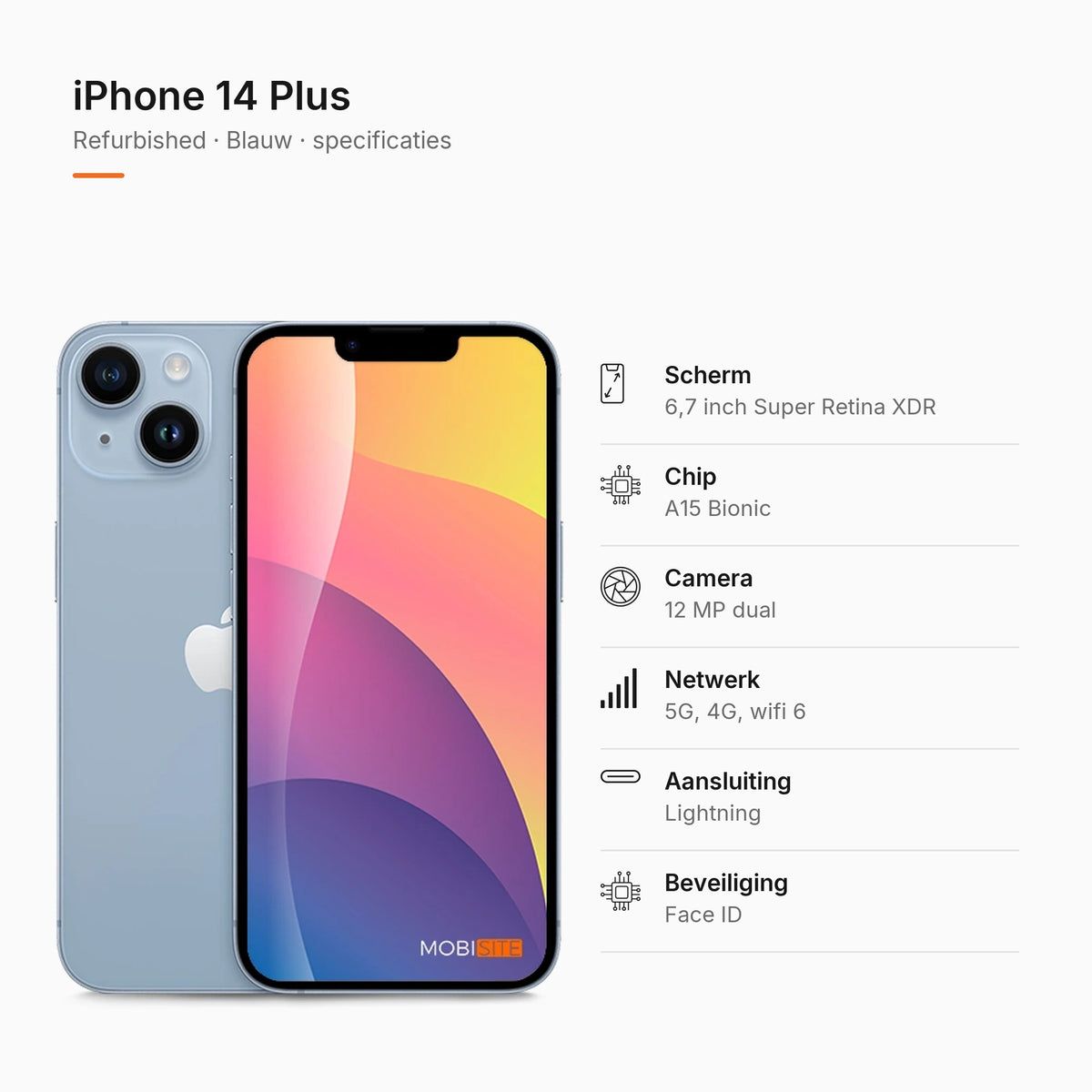 Refurbished iPhone 14 Plus Blauw, specificaties